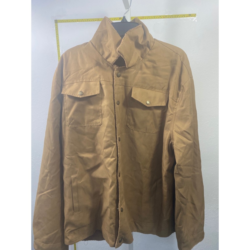 Mens Tan Canvas Sherpa Lined Trucker Jacket Workwear Field Coat Brown XL